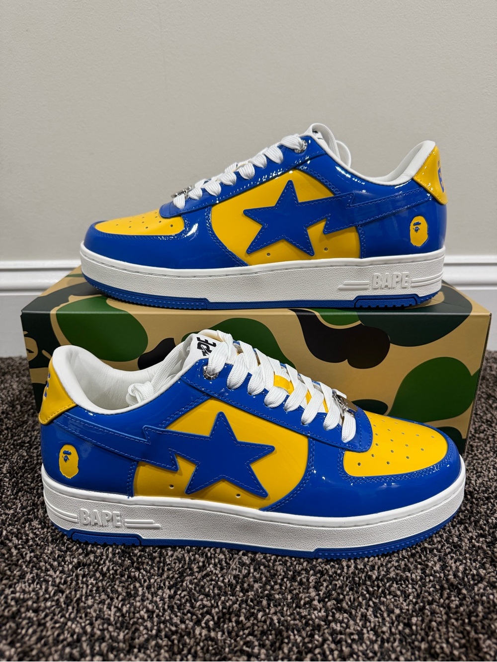 A Bathing Ape Bape Bapesta Patent Leather Blue/Yellow Low Top Sneaker